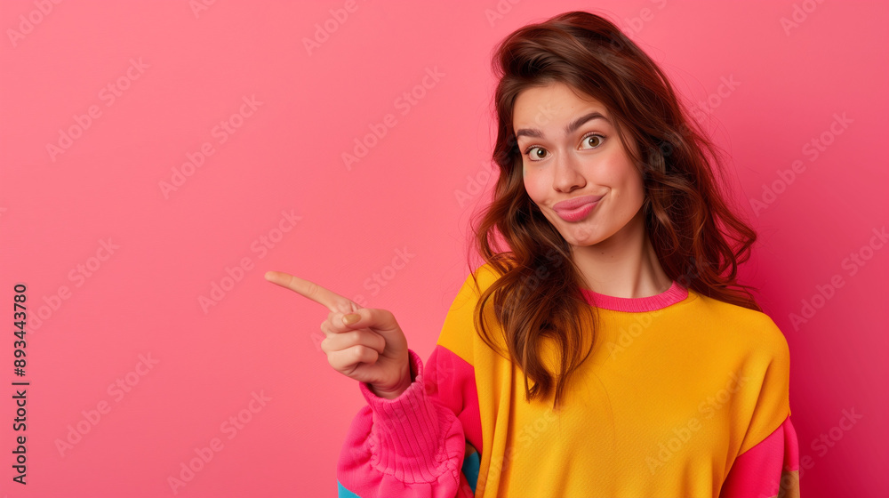 Portrait of a young woman pointing her fingers isolated on a pastel background. Portrait of a young woman pointing her fingers isolated on a pastel background.