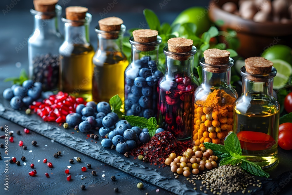 Variety of Spices and Fresh Berries in Bottles on Rustic Slate - Culinary Ingredients for Flavor and Health Variety of Spices and Fresh Berries in Bottles on Rustic Slate - Culinary Ingredients for Flavor and Health
