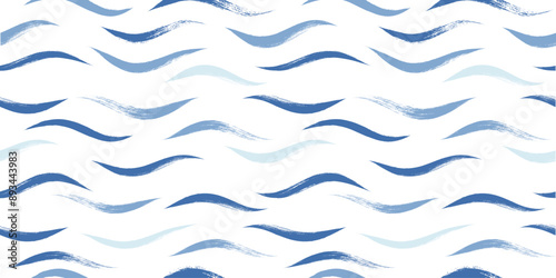 Wave watercolor seamless vector pattern. Hand drawn water sea background. Wavy ocean print, curly grunge paint lines