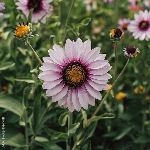 Explore the concept of urban gardening with a focus on cultivating flowers that attract pollinators like bees and butterflies photo