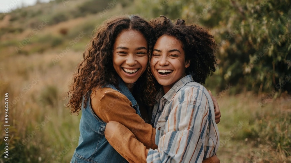 Joyful Sisters Hugging Outdoors Joyful Sisters Hugging Outdoors