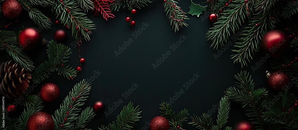 Christmas themed arch made of winter elements like fir branches and red ornaments on a dark backdrop perfect for a Xmas greeting card or festive New Year s message with copy space image Top down view Christmas themed arch made of winter elements like fir branches and red ornaments on a dark backdrop perfect for a Xmas greeting card or festive New Year s message with copy space image Top down view