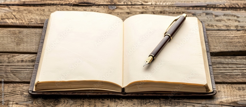 Wooden background showcasing an open notebook with a pen providing copy space image Wooden background showcasing an open notebook with a pen providing copy space image