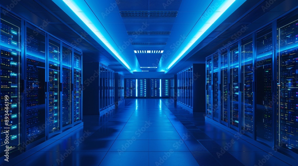 Fototapeta premium Wide-angle shot of a data center with multiple server racks extending into the distance, illuminated by cool blue lighting