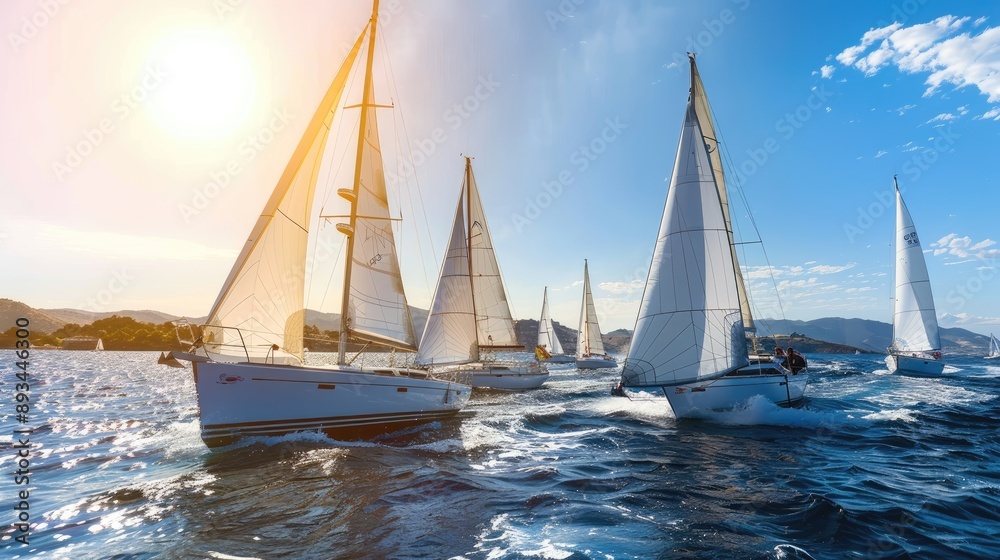 Fototapeta premium A group of sailboats are racing in the ocean
