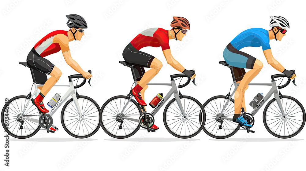 Fototapeta premium Three men are riding bicycles in a race