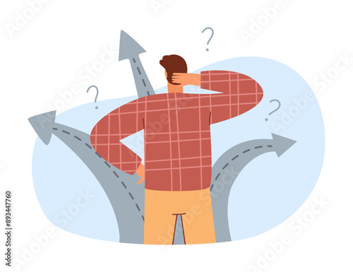 Solutions, man choose from multiple directions, puzzled guy dont know the right way. Man choosing from multiple options, opportunities concept. Character making choices, decisions vector illustration