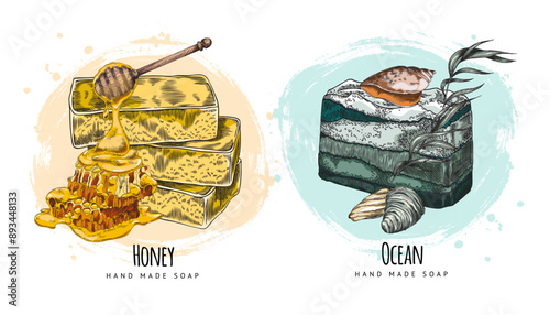 Set of handmade honey soap and blue ocean soap.