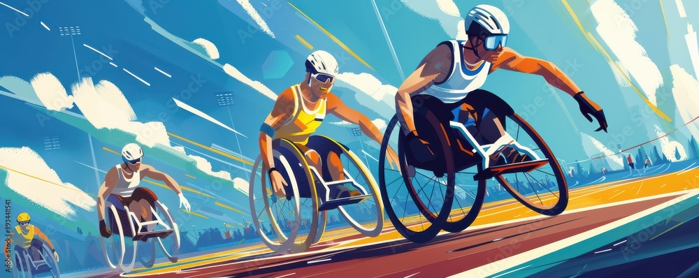 Fototapeta premium Dynamic illustration of athletes in wheelchairs racing at a sports event.