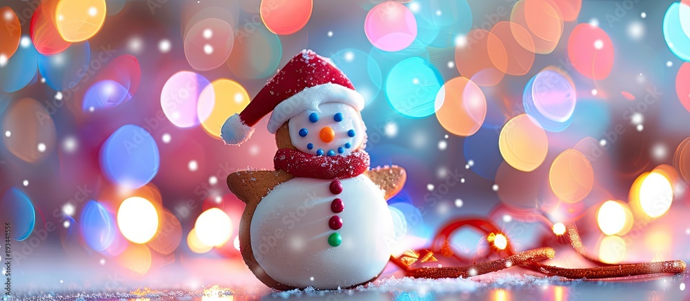 A traditional Christmas treat a gingerbread snowman against a backdrop of blurred colorful garland lights symbolizing the spirit of Christmas and New Year with copy space image A traditional Christmas treat a gingerbread snowman against a backdrop of blurred colorful garland lights symbolizing the spirit of Christmas and New Year with copy space image