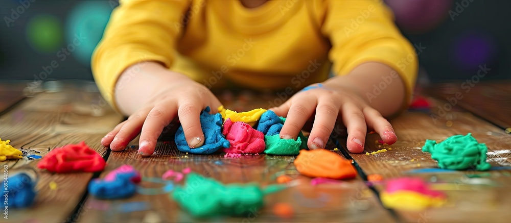 Creative child playing with colorful Play Doh on a wooden table with copy space image available Creative child playing with colorful Play Doh on a wooden table with copy space image available