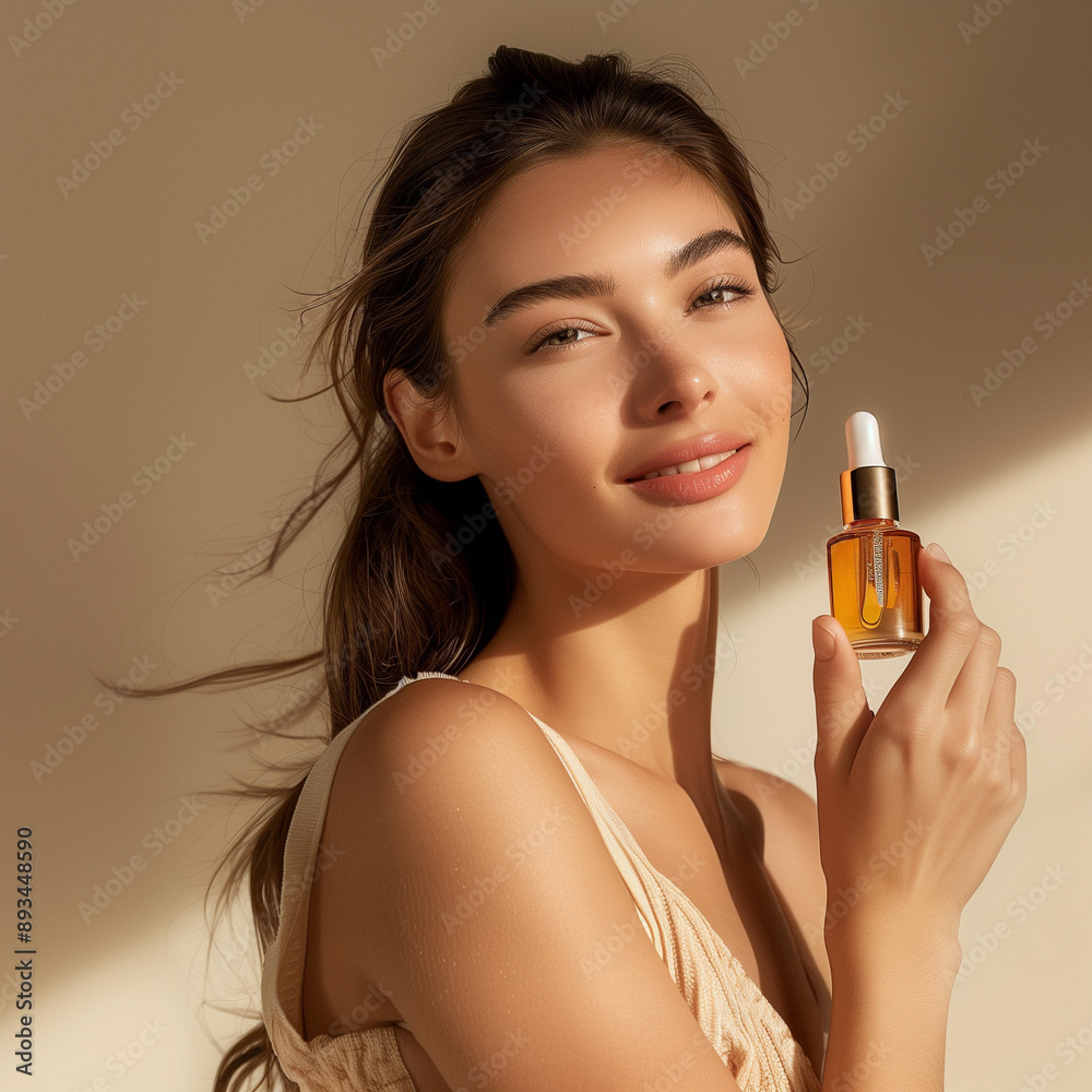 female model brunet-haired woman with long hair holding and showing the serum product isolated beige background, showcasing it for a cosmetic brand advertising with natural lighting female model brunet-haired woman with long hair holding and showing the serum product isolated beige background, showcasing it for a cosmetic brand advertising with natural lighting