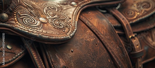 Close up brown cowboy design of a leather horse saddle providing a textured background with copy space image