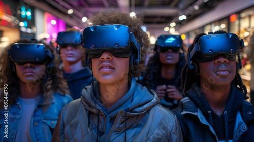 Group of young adults with VR headsets at tech store, engrossed in virtual worlds, concept of group entertainment and cutting-edge technology