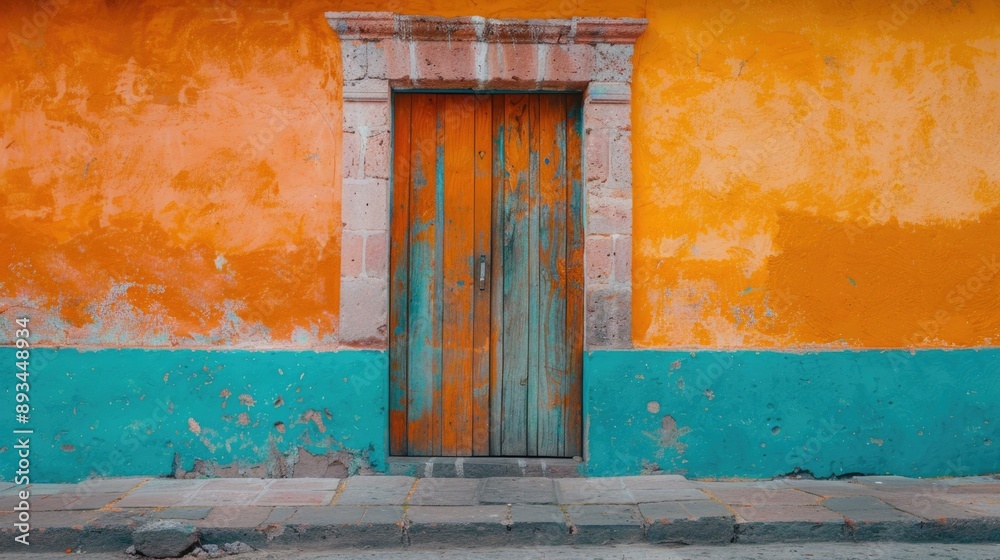 A colorful building with a wooden entrance A colorful building with a wooden entrance