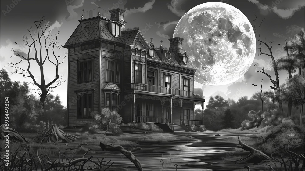 Haunted house with the full moon night in the black and white theme Haunted house with the full moon night in the black and white theme
