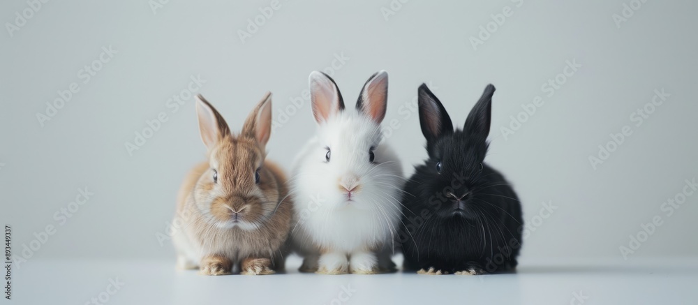 Fototapeta premium Three adorable fluffy rabbits brown white and black on a white background creating a charming scene with copy space image