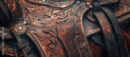 Close up brown cowboy design of a leather horse saddle providing a textured background with copy space image