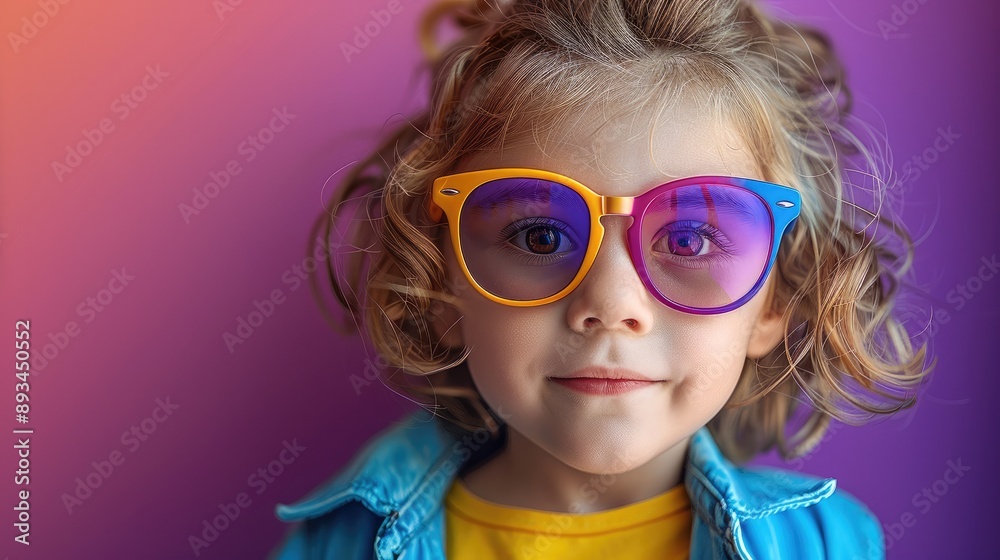 Child trying on colorful glasses, with a bright purple background. Generative AI. Child trying on colorful glasses, with a bright purple background. Generative AI.