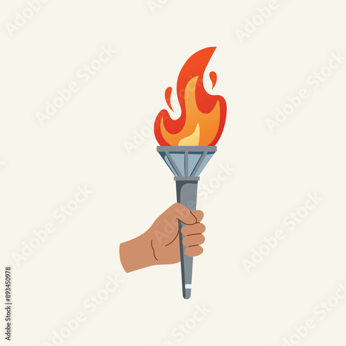 Torch in hand. Vector isolated burning torch flame in hand. Symbol of relay race, competition victory, champion or winner.