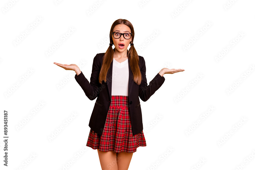 Portrait astonished teen offer promo scream unbelievable eyeglasses eyewear pigtail ponytail white red checked plaid tails pullover sweater beautiful skirt jacket blazer isolated yellow background Portrait astonished teen offer promo scream unbelievable eyeglasses eyewear pigtail ponytail white red checked plaid tails pullover sweater beautiful skirt jacket blazer isolated yellow background