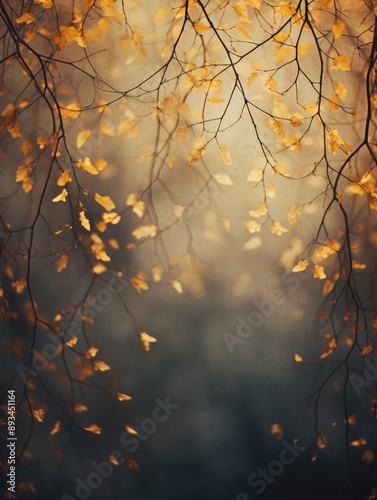 Golden leaves hanging down on branches with soft focus