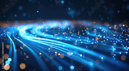 Abstract blue glowing lines on a dark background, data transfer and internet technology concept with fiber optic cables or wires moving fast in a motion blur. Generative AI. photo