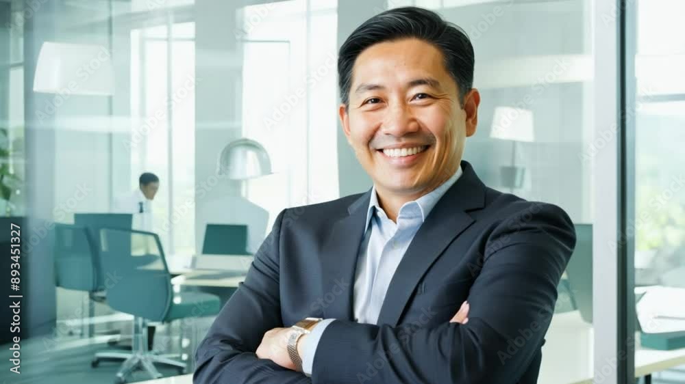 Smiling Asian senior businessman wearing formal suit of office middle-aged happy Chinese Korean multiethnic man walking in office looking at camera. 4k video