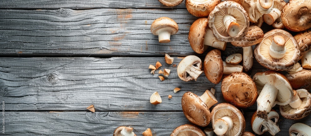 Top view of freshly picked wild mushrooms of podosinoviki on gray boards ideal for detox fitness cleansing packed with vegetable protein suitable for summer and autumn seasons providing a useful prod Top view of freshly picked wild mushrooms of podosinoviki on gray boards ideal for detox fitness cleansing packed with vegetable protein suitable for summer and autumn seasons providing a useful prod