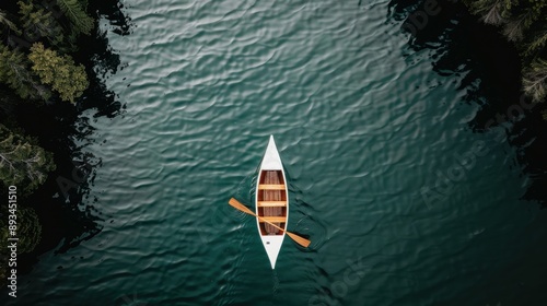 An overhead view of a solitary white wooden boat with brown paddles floating on a calm water surface, surrounded by a green forest coastline. photo