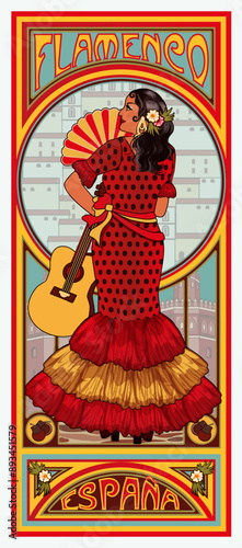 Spanish flamenco woman with guitar in art nouveau style, vector illustration