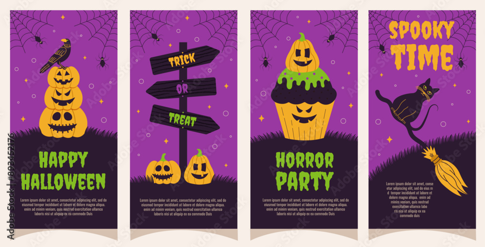 Fototapeta premium Halloween. Set of Halloween flyers, posters, party invitations. Template for greeting cards, background, cover, sale banner, flyer, advertising, web, social media.