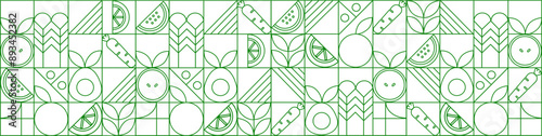 Line geometric mosaic seamless pattern illustration. Organic fruit vegetable geometric pattern. Natural food background creative simple bauhaus style, agriculture vector design. Healthy Food pattern