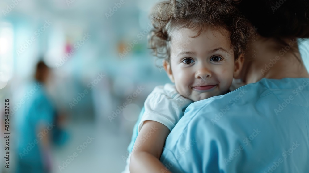 A young child with curly hair is smiling warmly while being held by a caregiver wearing scrubs, creating a heartwarming scene of comfort and security in a medical setting. A young child with curly hair is smiling warmly while being held by a caregiver wearing scrubs, creating a heartwarming scene of comfort and security in a medical setting.