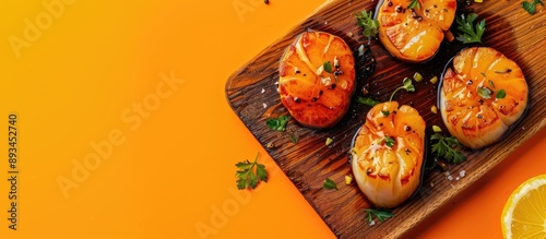Top view of seared scallop ...