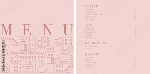 Cafe design menu. Coffee drinks menu price list for cafe, coffee shop vector template. Coffee linear print. Pattern with coffee theme in geometric minimalistic style. 