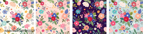 Seamless patterns with roses. Beautiful collection of seamless patterns with flowers, leaves, floral bouquets, flower compositions. Notebook covers