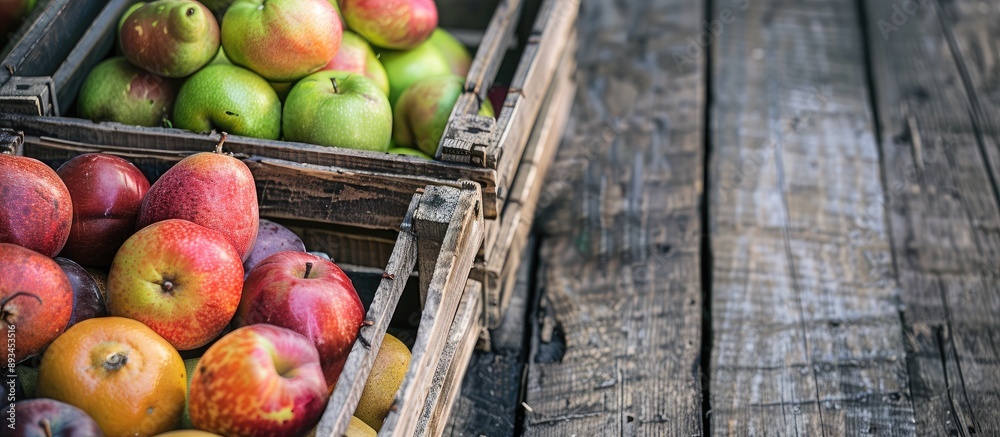 Wooden crates at the market filled with fresh ripe fruits and copy space image available Wooden crates at the market filled with fresh ripe fruits and copy space image available