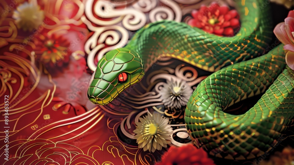 Vibrant Chinese New Year Serpent Illustration with Festive Florals Vibrant Chinese New Year Serpent Illustration with Festive Florals