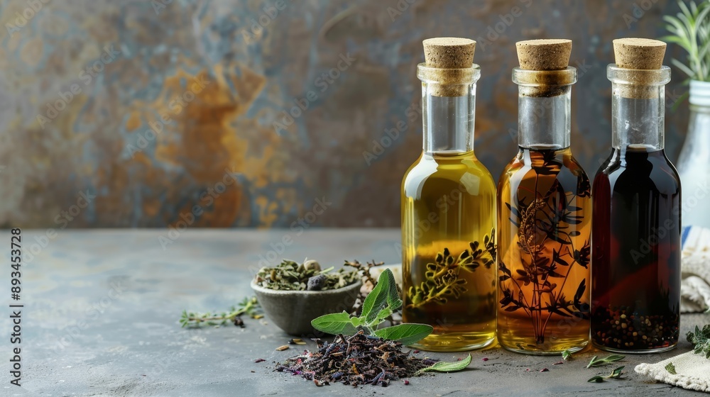 Artisanal Infused Olive Oils with Herbs and Spices on Rustic Background Artisanal Infused Olive Oils with Herbs and Spices on Rustic Background