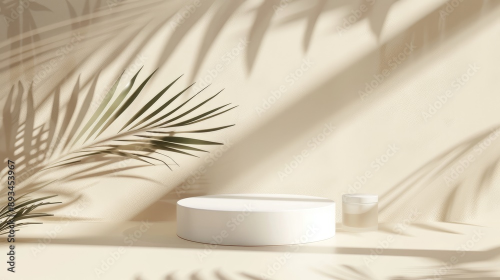 Simple backdrop for presenting a cosmetic item. High-end platform with palm leaf shadows on beige. Exhibition display. Simple backdrop for presenting a cosmetic item. High-end platform with palm leaf shadows on beige. Exhibition display.