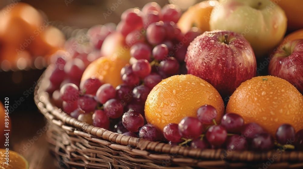 A close-up of a wicker basket filled with dewy, fresh apples, oranges, and grapes, highlights the freshness and vibrancy of the fruits, perfect for a healthy diet. A close-up of a wicker basket filled with dewy, fresh apples, oranges, and grapes, highlights the freshness and vibrancy of the fruits, perfect for a healthy diet.