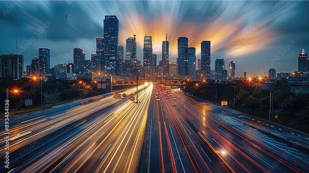 Fototapeta premium Timelapse of highway traffic with city skyline in the background. The long exposure captures the dynamic light trails of vehicles. A modern urban landscape. Generative AI.
