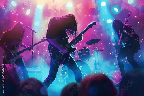 An energetic illustration of a rock band performing on stage with electric guitars and bright lights