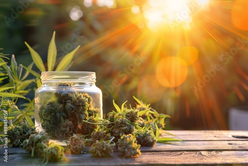 A vibrant photo of a selection of cannabis buds and a glass jar filled with cannabis flowers, set on a wooden table with sunlight streaming in