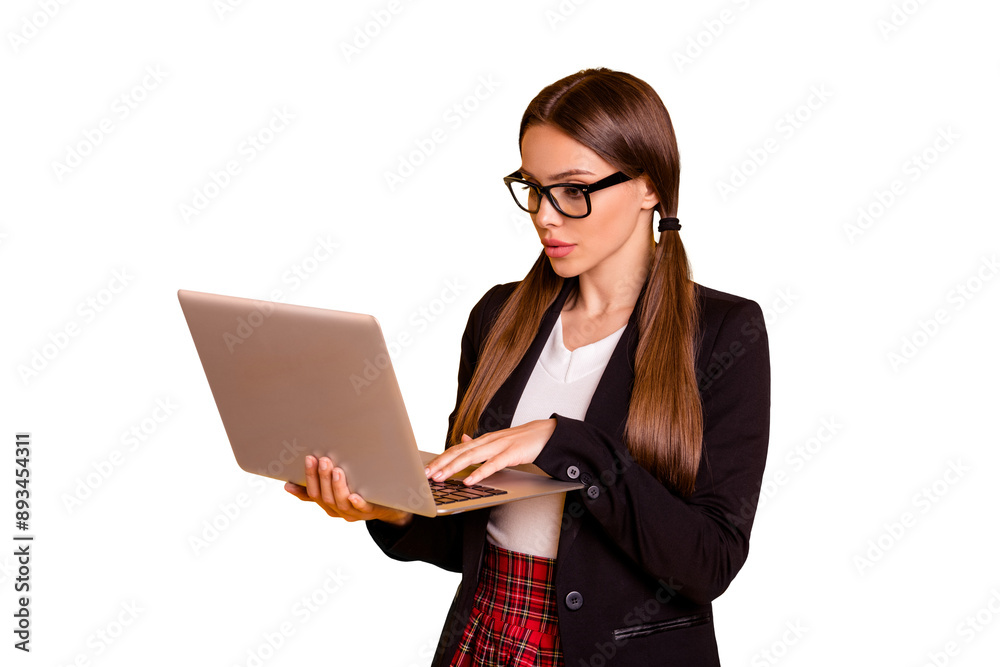 Portrait of cute lovely back school lady hold hand modern eyeglasses eyewear stylish white pullover red skirt black jacket blazer isolated bright tails colorful yellow trendy background Portrait of cute lovely back school lady hold hand modern eyeglasses eyewear stylish white pullover red skirt black jacket blazer isolated bright tails colorful yellow trendy background