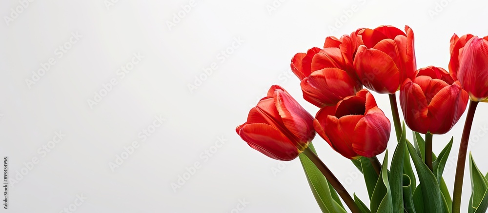 Red tulips set against a white backdrop providing a blank area for text in the image. with copy space image. Place for adding text or design Red tulips set against a white backdrop providing a blank area for text in the image. with copy space image. Place for adding text or design