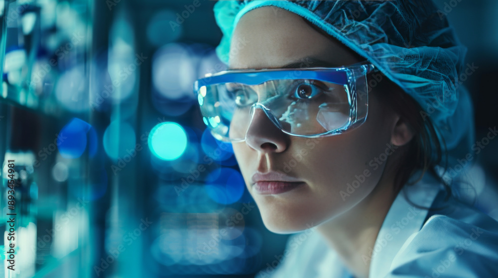 A focused scientist in a lab, wearing protective gear and goggles, working on an experiment with blue lighting.