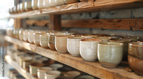 Lots of glazed ceramic cups on wooden shelf, sunlight, pastel colors. Generative AI.