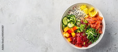 Flat lay of a tasty poke bo...